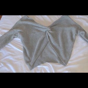 Plus size knotted in back grey sweater, worn 3x